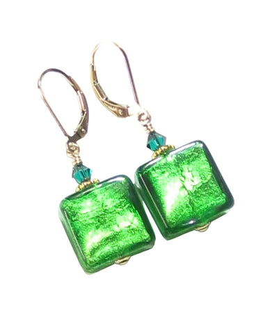 Venetian Glass Emerald Square Gold Earrings, Gold Filled Leverbacks - JKC Murano