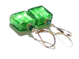 Venetian Glass Emerald Square Gold Earrings, Gold Filled Leverbacks - JKC Murano