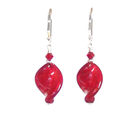 Venetian Glass Large Red Twist Sterling Silver Earrings - JKC Murano