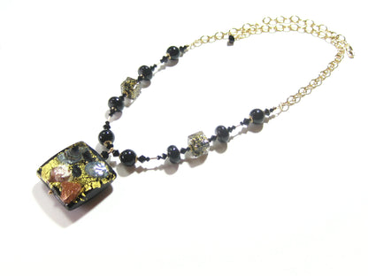 Murano Glass Black Square Pendant Gold Necklace - JKC Murano