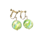 Murano Italian Glass Lime Green Aqua Gold Earrings, Clip Ons - JKC Murano