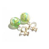 Murano Italian Glass Lime Green Aqua Gold Earrings, Clip Ons - JKC Murano