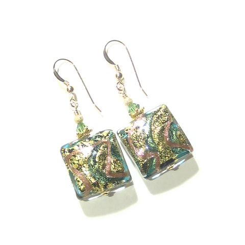 Murano Glass Square Green Copper Square Dangle Gold Earrings, Venetian Jewelry - JKC Murano