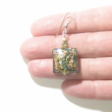 Murano Glass Square Green Copper Square Dangle Gold Earrings, Venetian Jewelry - JKC Murano