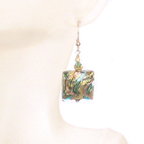 Murano Glass Square Green Copper Square Dangle Gold Earrings, Venetian Jewelry - JKC Murano