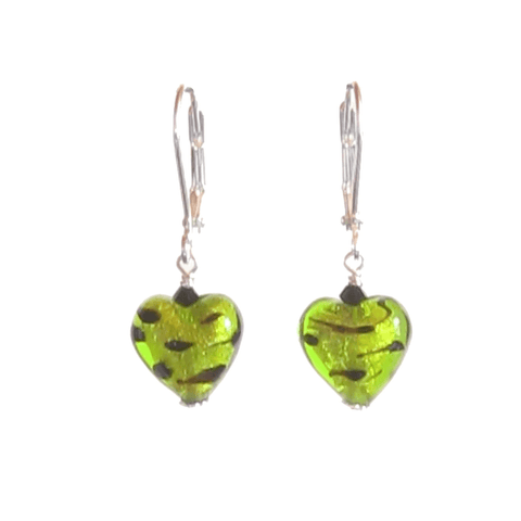 Murano Glass lime Green Leopard Heart Silver Earrings, Venetian Jewelry - JKC Murano