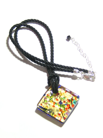 Murano Klimt Inspired Fused Glass Colorful Diamond Pendant, Marked Murano - JKC Murano