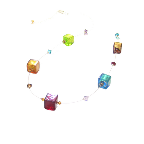 Murano Glass Colorful Large Cube Gold Necklace - JKC Murano