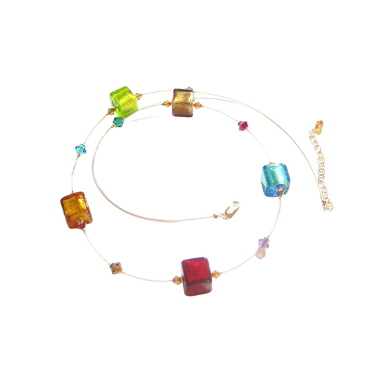 Murano Glass Colorful Large Cube Gold Necklace - JKC Murano