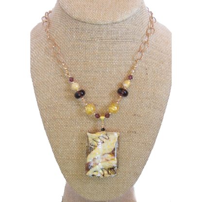 Murano Glass Large Amethyst White Rectangle Pendant Gold Necklace - JKC Murano