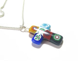 Italian Glass Millefiori Colorful Cross Pendant, Sterling Silver Chain, Murano Jewelry - JKC Murano