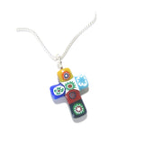 Italian Glass Millefiori Colorful Cross Pendant, Sterling Silver Chain, Murano Jewelry - JKC Murano