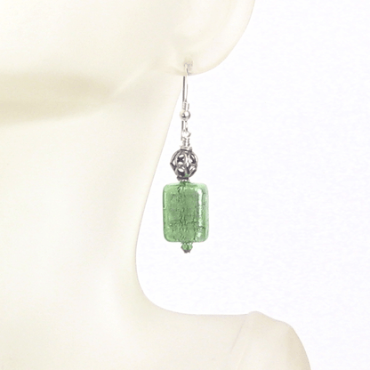 Murano Glass Mint Green Rectangle Silver Earrings by JKC Murano - JKC Murano