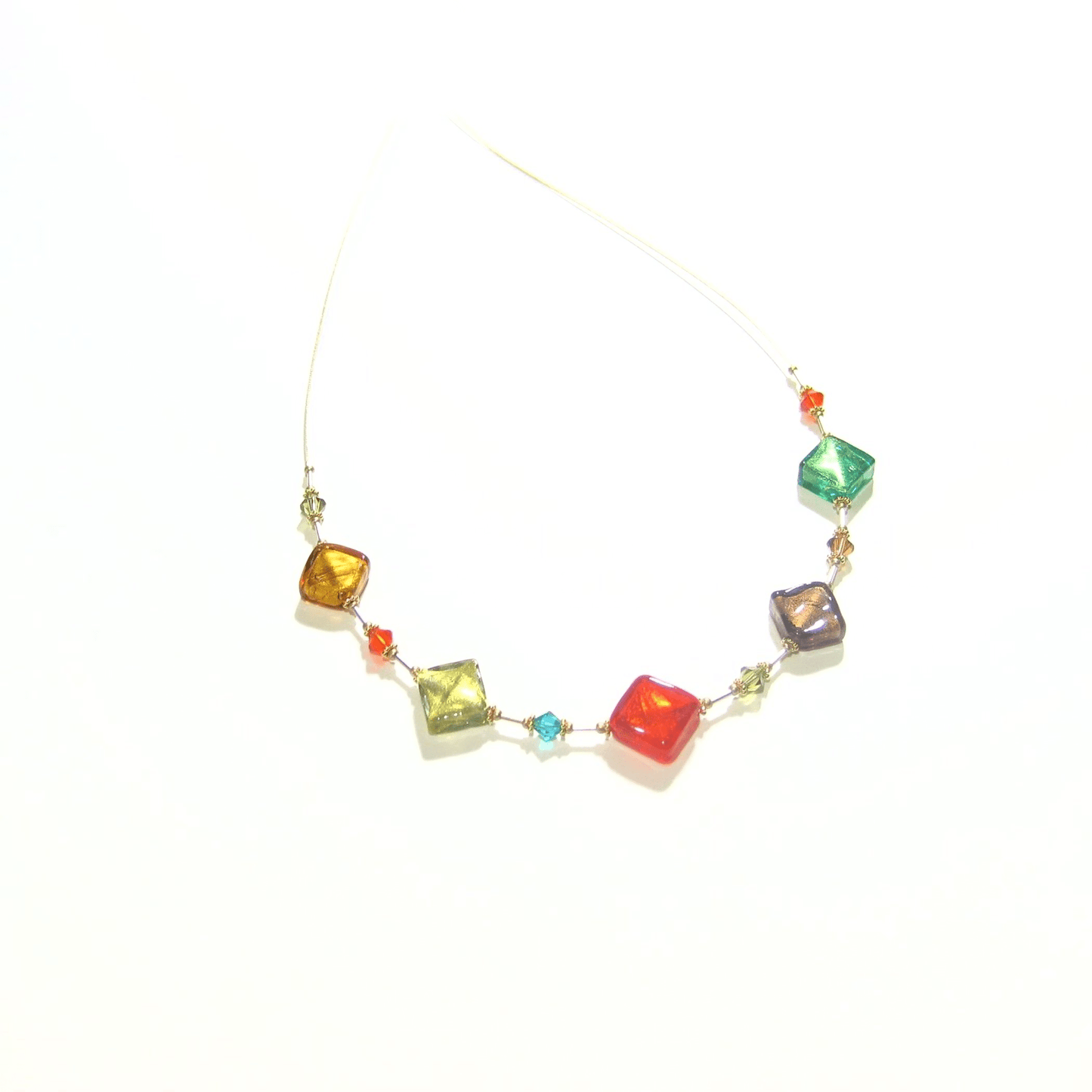 Murano Glass Colorful Diamond Fall Colors Gold Necklace - JKC Murano