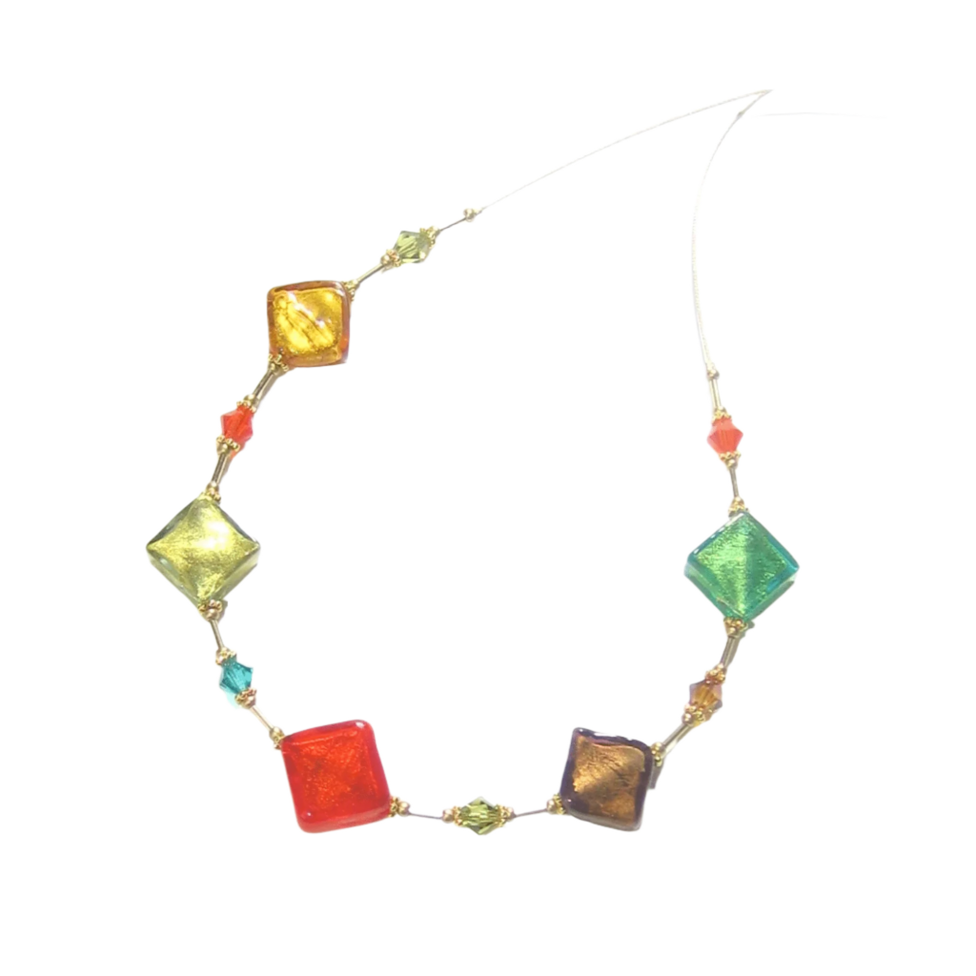 Murano Glass Colorful Diamond Fall Colors Gold Necklace - JKC Murano