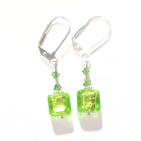 Murano Glass Lime Green Cube Sterling Silver Earrings - JKC Murano