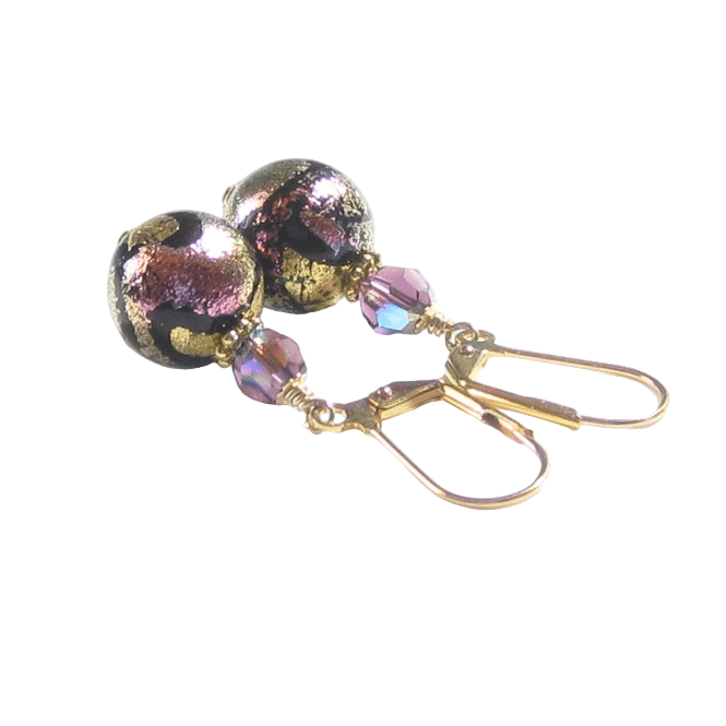 Murano Glass Pink Black Dichroic Ball Gold Earrings - JKC Murano