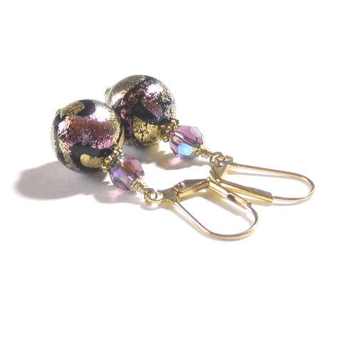 Murano Glass Pink Black Dichroic Ball Gold Earrings - JKC Murano
