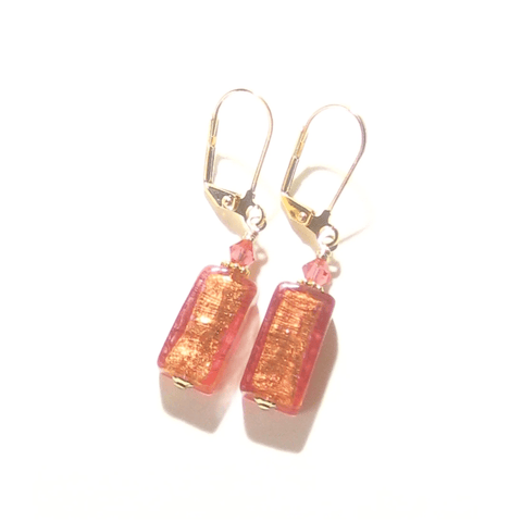 Murano Glass Pink Salmon Rectangle Gold Earrings by JKC Murano - JKC Murano