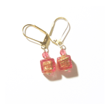 Murano Glass Salmon Pink Cube Gold Earrings, Leverback Earrings - JKC Murano