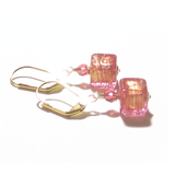 Murano Glass Salmon Pink Cube Gold Earrings, Leverback Earrings - JKC Murano