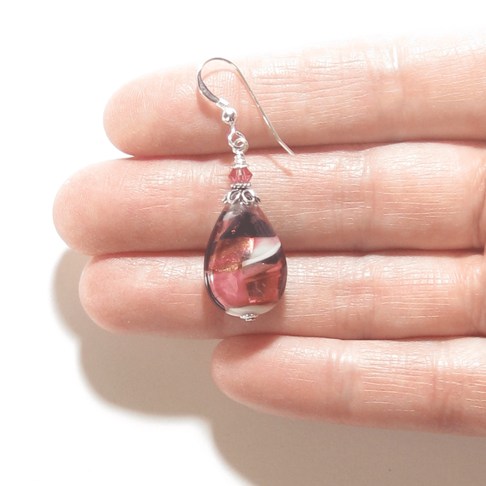 Murano Glass Pink Black Swirl Teardrop Silver Earrings - JKC Murano