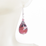 Murano Glass Pink Black Swirl Teardrop Silver Earrings - JKC Murano
