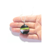 Murano Glass Purple Green Striped Black Pendant, Italian Sterling Silver Chain - JKC Murano