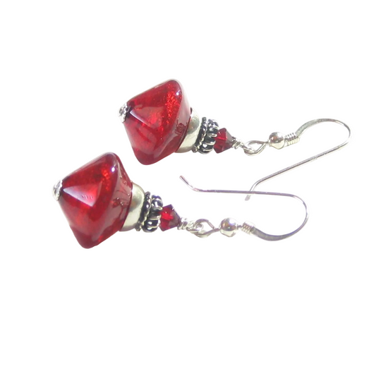 Murano Glass Red Bicone Sterling Silver Earrings, Venetian Jewelry - JKC Murano