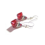 Murano Glass Red Bicone Sterling Silver Earrings, Venetian Jewelry - JKC Murano