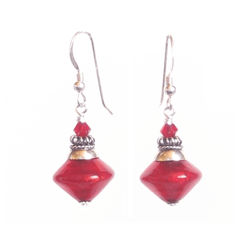 Murano Glass Red Bicone Sterling Silver Earrings, Venetian Jewelry - JKC Murano