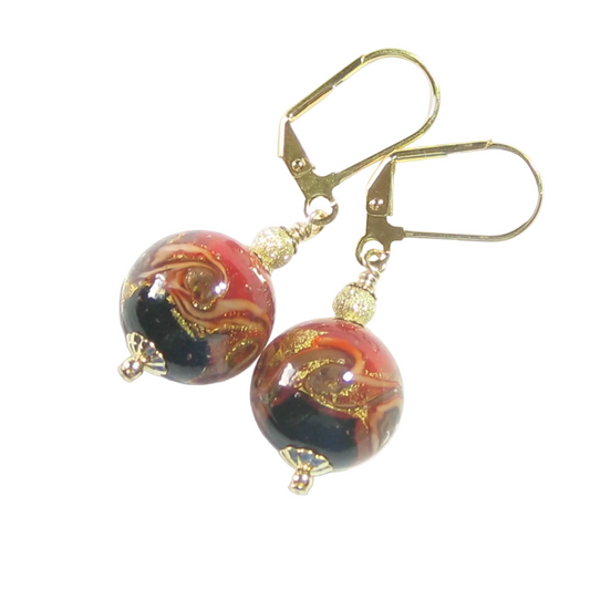 Murano Glass Black Red Gold Earrings - JKC Murano