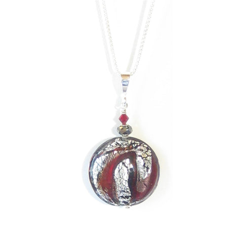 Murano Glass Red Silver Disc Pendant, Sterling Silver Italian Made Chain - JKC Murano