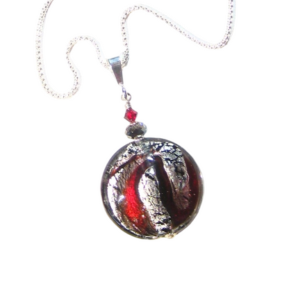Murano Glass Red Silver Disc Pendant, Sterling Silver Italian Made Chain - JKC Murano