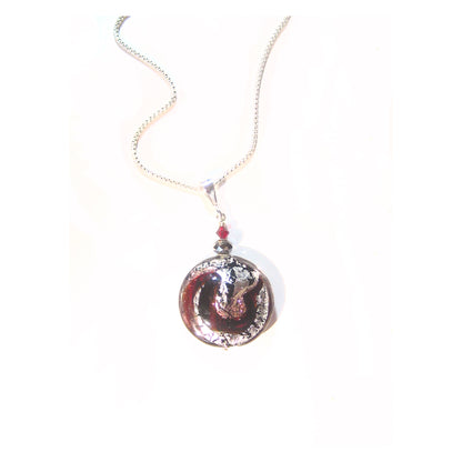 Murano Glass Red Silver Disc Pendant, Sterling Silver Italian Made Chain - JKC Murano