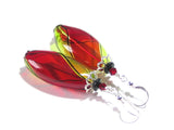 Murano Mouth Blown Glass Red and Green Long Oval Earrings, Argyle - JKC Murano