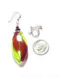 Murano Mouth Blown Glass Red and Green Long Oval Earrings, Argyle - JKC Murano