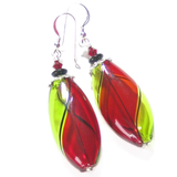 Murano Mouth Blown Glass Red and Green Long Oval Earrings, Argyle - JKC Murano