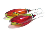 Murano Mouth Blown Glass Red and Green Long Oval Earrings, Argyle - JKC Murano