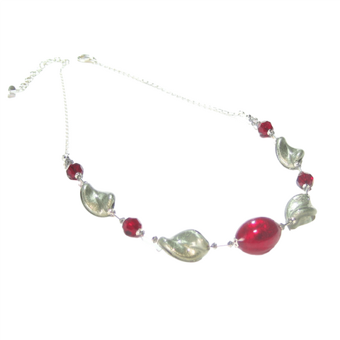 Murano Glass Red Gray Twist Sterling Silver Necklace - JKC Murano