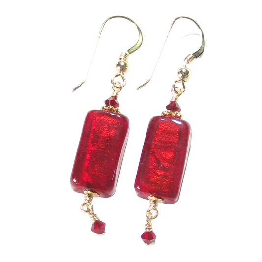 Venetian Glass Red Rectangle Gold Earrings, Gold Filled Fishhooks - JKC Murano