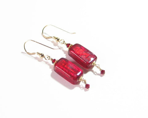 Venetian Glass Red Rectangle Gold Earrings, Gold Filled Fishhooks - JKC Murano