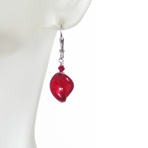 Murano Glass Red Small Twist Sterling Silver Earrings, Leverback Earrings - JKC Murano