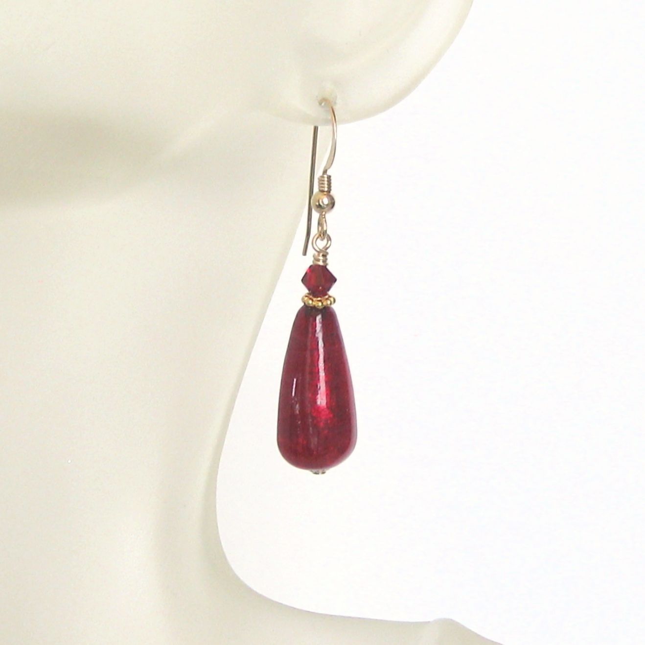 Murano Glass Red Teardrop Gold Earrings by JKC Murano - JKC Murano