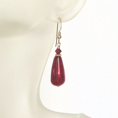 Murano Glass Red Teardrop Gold Earrings by JKC Murano - JKC Murano
