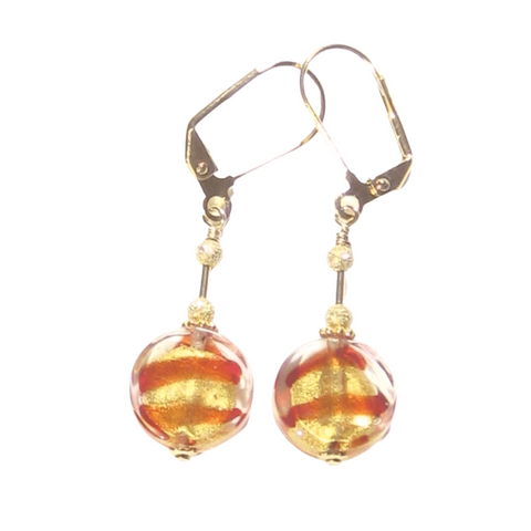 Murano Glass Red Striped Coin Gold Earrings - JKC Murano