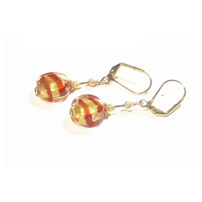 Murano Glass Red Striped Coin Gold Earrings - JKC Murano