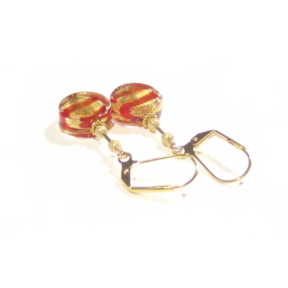 Murano Glass Red Striped Coin Gold Earrings - JKC Murano