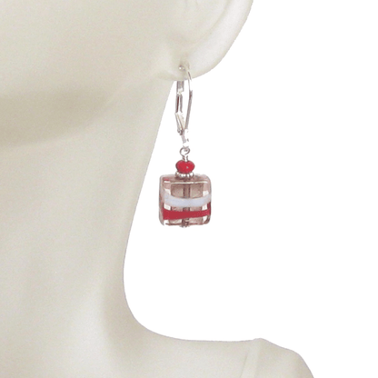 Murano Glass Pink Red White Square Striped Square Sterling Silver Earrings - JKC Murano