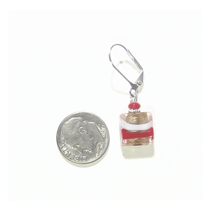 Murano Glass Pink Red White Square Striped Square Sterling Silver Earrings - JKC Murano